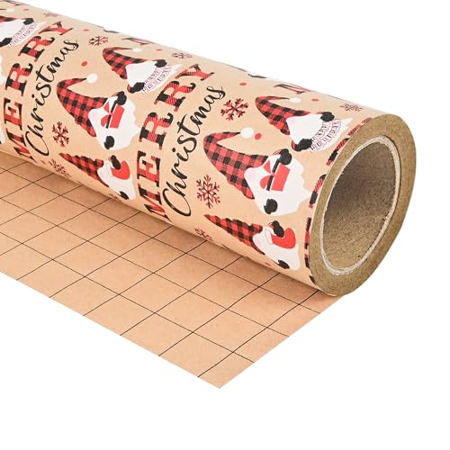 Dlyrroba Kraft Gnome Christmas Wrapping Paper Roll - Vintage Xmas Design Holiday Gift Wrap for Kids Winter Party Celebrations (Kraft Gnome 17 In X 16.5 Ft)