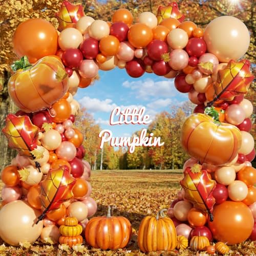 Image of Fall Balloon Arch Garland Kit 172pcs with Leafs Pumpkins, Thanksgiving Balloons Arch Orange Nude Burgundy Rose Gold Balloons Different Sizes for Little Pumpkin Birthday Baby Shower Decoration