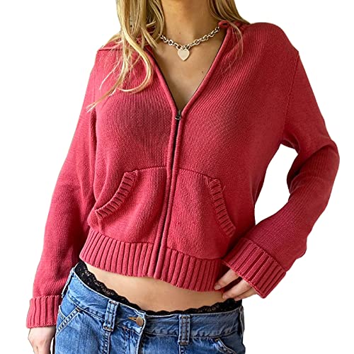 Faretumiya Women Zip Up Long Sleeve Crop Hooded Tops Ribbed Knit Cropped Hoodie Jacket Y2k Cute Sweater Pullover