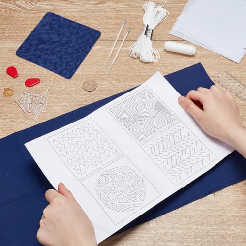 Image of FREEBLOSS 4 Set Sashiko Coaster Kit Water Soluble Embroidery Patterns Full Embroidery Kit Includes Sashiko Thread, Needles and Fabric Coaster Making Kit for Adults Embroidery Lovers