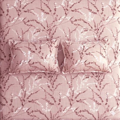 Image of Cotton Bolls Textiles Glace Cotton Flat Bedsheet 90x90 Inch with 2 Pillow Covers - Soft Breathable Glace Cotton, Printed Bedding Set for Double Bed