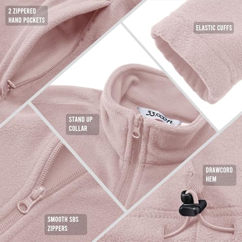 33,000ft Damen Fleecejacke mit Durchgehendem Reißverschluss Stehkragen Damen Leichte Fleece Jacke Outdoor Damenjacke für Wandern und Freizeit,Hellrosa M