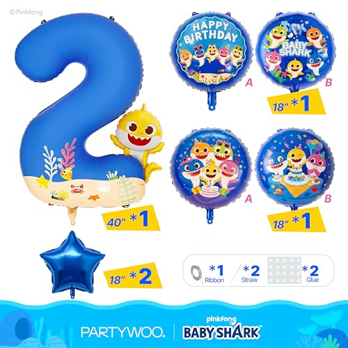 Image of PartyWoo Baby Shark Blue Foil Number 2 Balloon 5pcs 40 18 Inch Blue Round Star Mylar Helium Birthday Balloons for Boys and Girls Baby Shark Under the Sea Ocean Kids Second Birthday Party Decorations