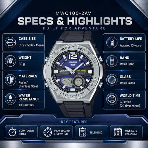 Casio MWQ100 Series | Men’s Digital Watch | Silver/Blue | 100M WR | Stainless Steel | World Time | Countdown Timer | Auto Calendar | Telememo | Multi Alarms | 100 SEC Chronograph | 10 Year Battery - image 2