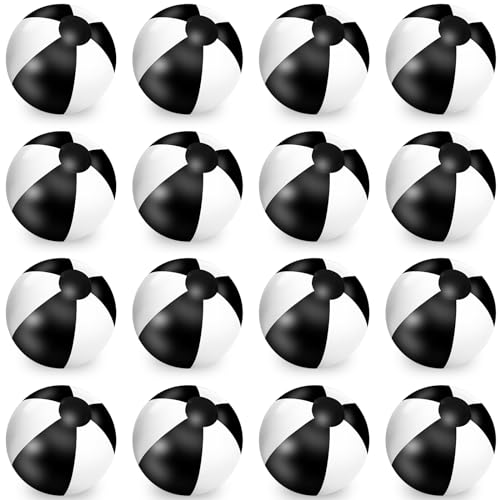 Whaline 16Pcs 16'' Black White Inflatable Beach Ball Round Pool PVC Balls Game Toys for Summer Hawaiian Tropical Theme Beach Party Decorations Water Sand Game Accessory