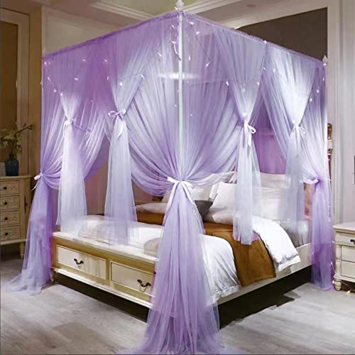 VETHIN 4 Corners Post Princess Bed Canopy Curtain Double Layer Cozy Drape Netting 4 Opening Mosquito Net for Girls & Adults Bedroom Decoration Accessories (Double Purple 64 W*82 L*82*H/(Queen))