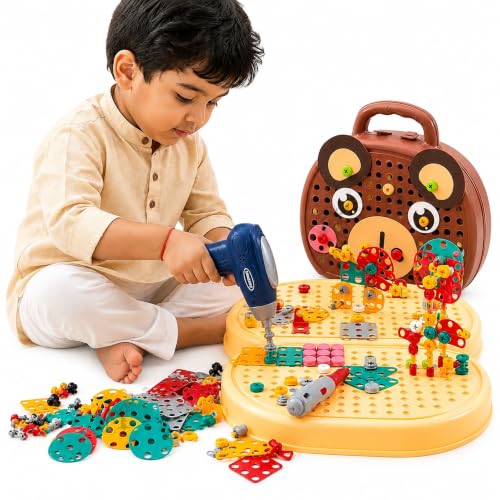 Image of Creative Tool Box Building Set with Electric Drill & Screwdriver | 203 Pieces Mosaic Puzzle Construction Toy, STEM Learning Kit with Colorful Nuts & Bolts for Kids 3+ Years (Multicolor)