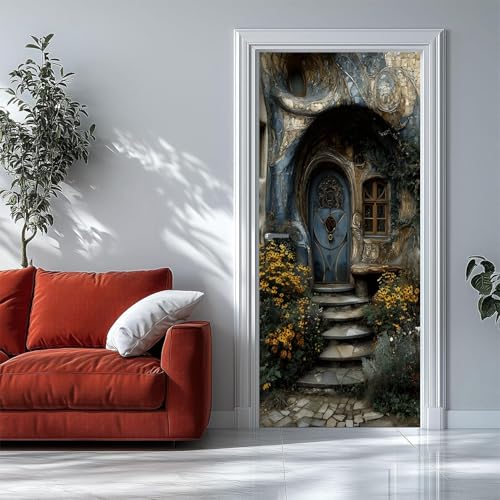 Pegatinas 3D para Puertas de Interior Entrada Arqueada Cuento de Hadas Fantástico Mural de Puerta Autoadhesivo, Extraíble, para Dormitorio, Sala de Estar, Decoración del Hogar, 77 X 200 Cm