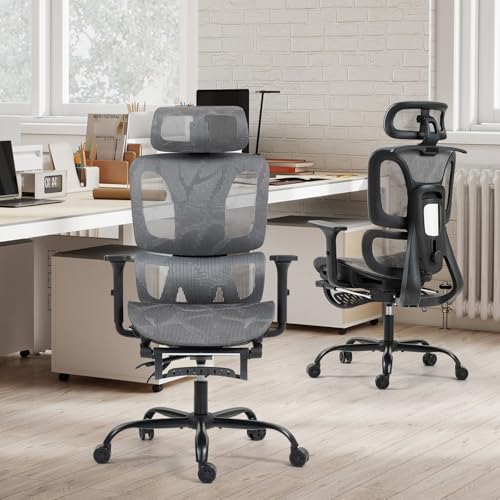 Image of ECOTOUGE Mesh Ergonomic Office Chair with Footrest, High Back Mesh Gaming Chair with Lumbar Support, Adjustable Headrest and Armrests for Home Office Desk Chair, Grey