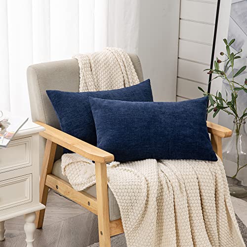 Lumbar Support Pillow Decorative Rectangle Throw Pillow Covers 12"X20" Inch Set Of 2,Super Soft Chenille Fall Pillowcase For Living Room Bedroom Sofa Couch Cushion Cover Navy Blue 30X50Cm (No Insert) #TOP2