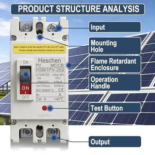 Heschen DC-Leistungsschalter MCCB, 2-polig, DC550V, Photovoltaik-Leistungsschalter, für PV-Solaranlage Solarmodule Netzsystem (150A,HSM1PV-250)