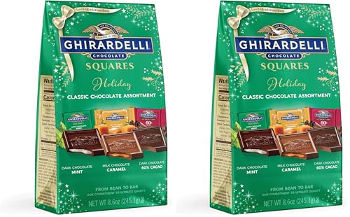 Image of GHIRARDELLI Holiday Classic Chocolate Assortment SQUARES - Limited Edition Milk & Dark Chocolate Candy with Caramel and Mint Flavors, Individually Wrapped, 8.6 oz Bag (Pack of 2)
