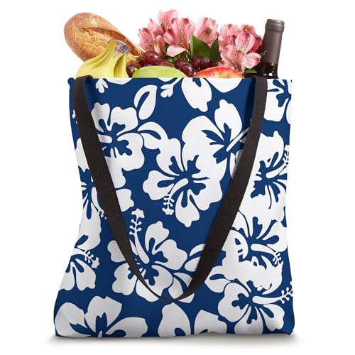 Bolso tote con estampado floral hawaiano de hibisco en azul marino y blanco, diseño reversible miniatura 4