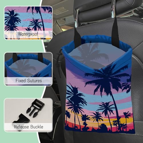 Image of Palm Trees Car Garbage Bag,Sunset Waterproof Small Car Trash Bag Hanging Back of Seat,Drawstring Hanging Car Trash Bag with Adjustable Buckle for Car Accessories