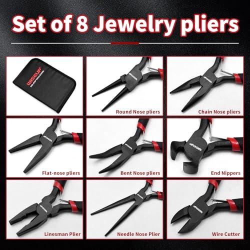 WISEUP 8-teiliges Mini-Zangen-Set, Nadel, rund, flach, lang, gebogene Nase, diagonal, Endschneiden, Linesman-Zangen zum Basteln, Elektronik und Schmuckherstellung, mit Tasche