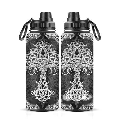 Jekeno Custom Name Viking Tree Of Life Water Bottle With Straw Lid