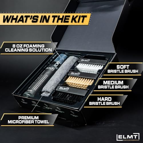 Blackline ELMT Shoe Cleaner Kit — Ideal Sneaker, Canvas, Mesh, Nubuck, Sheepskin, Leather, Suede Shoe Cleaner — US-Made, Safe, 10X Potent Shoe Cleaning Kit (8 oz Solution, 3 Brushes, Microfiber Towel)2