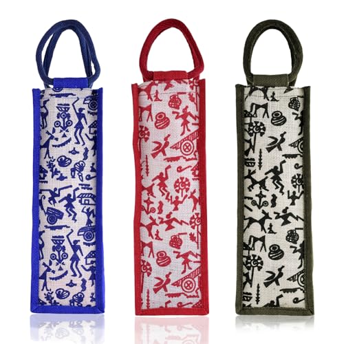 Image of Kuber Industries Bottle Bag | Jute Carry Bag | Water Bottle Cover for Office | Reusable Wine Bottle Bag with Handle for Office | Gift Bag | Warli-Print | Pack of 3 | Multi