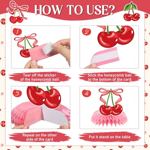 Image of Cherries Birthday Party Decorations - 9 Pcs Pink Bow Honeycomb Centerpieces for Girls Women Sweet Cherries Table Ornaments Sets Happy Paper Fruit Theme Supplies Red Coquette Display Decors
