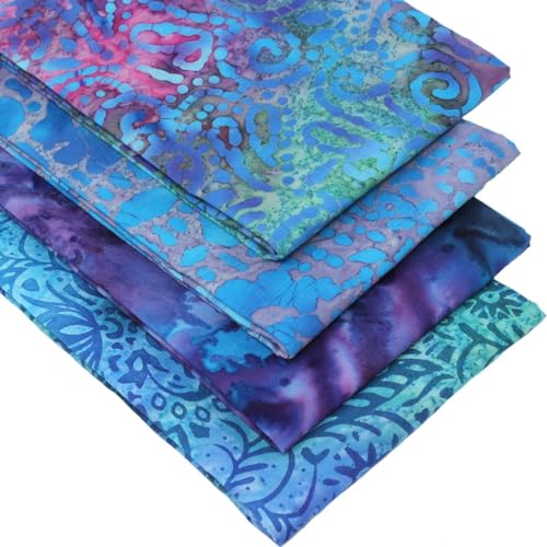 4 Fat Quarters Batik Bundle - "Miss Peacock" Abstract Batik Fabrics in Vibrant Shades of Blue & Purple. 100% Cotton Ideal for Quilting & Crafting (with a Free Patchwork Pattern by Overdale Fabrics)