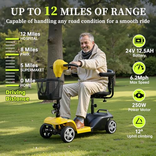 Image of 4 Wheel Mobility Scooter, Electric Scooter with Seat,Lightweight Mobility Scooter with Removable Battery. 6 MPH High Speed 265 lbs Capacity, Foldable Design (Basic Model-Yellow)