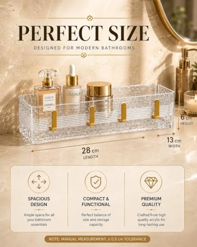 Image of Transparent Acrylic Set of 2 Shower Caddy with Golden Hooks| Bathroom Wall Shelf Organizer with 2 Tier Storage for Toiletries, Shampoo, Skincare, Cosmetics & Bathroom Accessories