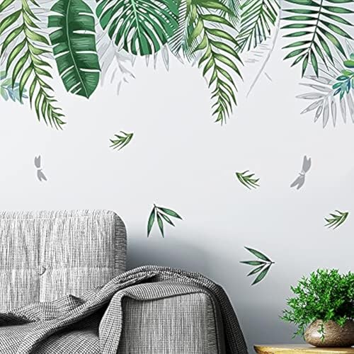 Image of Green Tropical Palm Tree Leaves Wall Stickers, KALYLOC Waterproof Tropical Green Leaf Plants Wall Decal, Peel and Stick Nature Jungle Wall Decor for Living Room Bedroom Door Decoration (A)