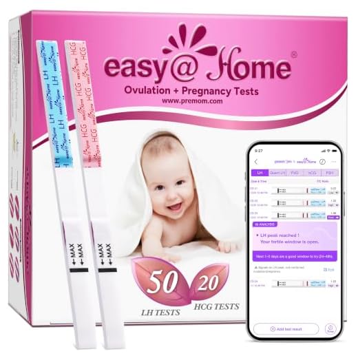 Easy@Home 50 Ovulation Test Strips and 20 Pregnancy Test Strips Combo Kit, (50 LH + 20 HCG)--Package May Vary