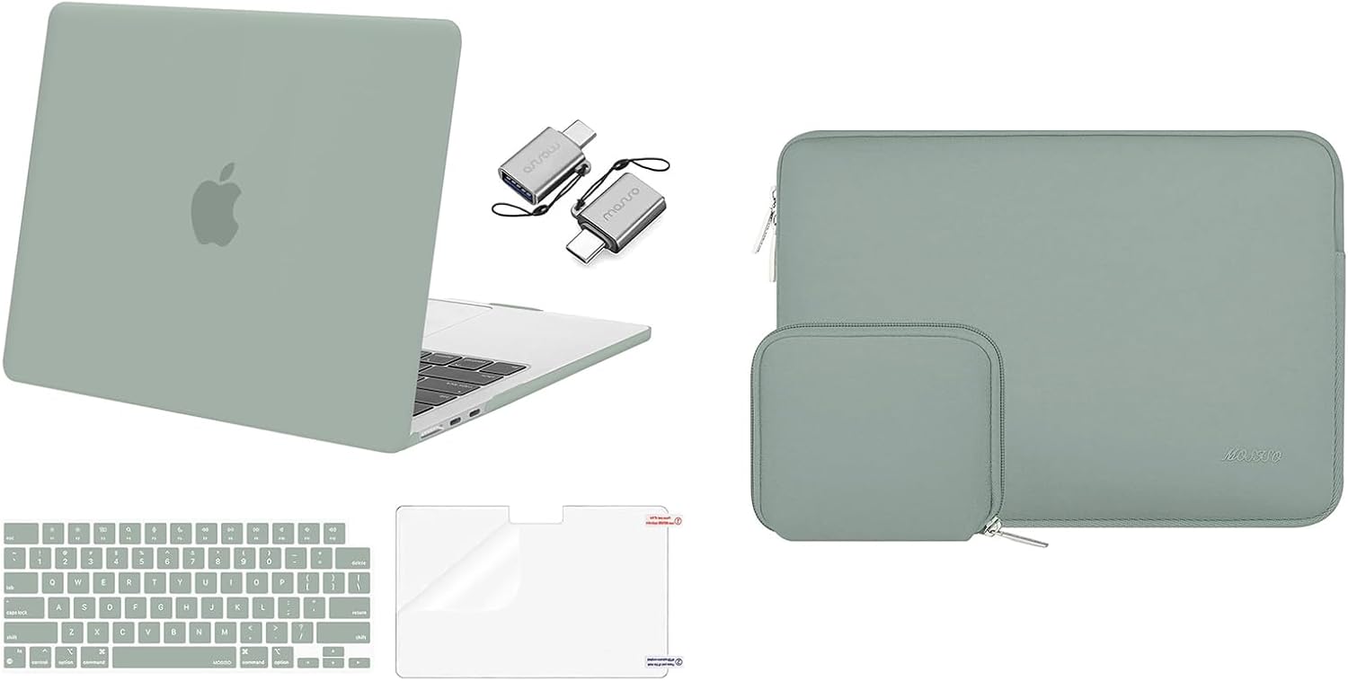 MOSISO Compatible with MacBook Air 13.6 inch Case 2022-2024 A2681 M2, Plastic Hard Shell Case&Neoprene Sleeve Bag with Small Case&Keyboard Skin&Screen Protector&Type C Adapter 2 Pack, Antique Green