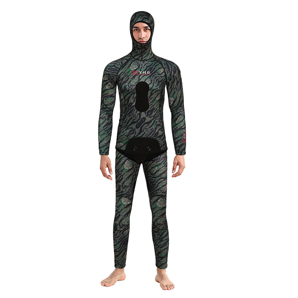 Muta da Pesca Subacquea 1.5mm/3mm in Neoprene con Cappuccio, 2 Pezzi a Cella Chiusa Camouflage con Rinforzo Torace per Apnea e Immersioni in Acque Fredde