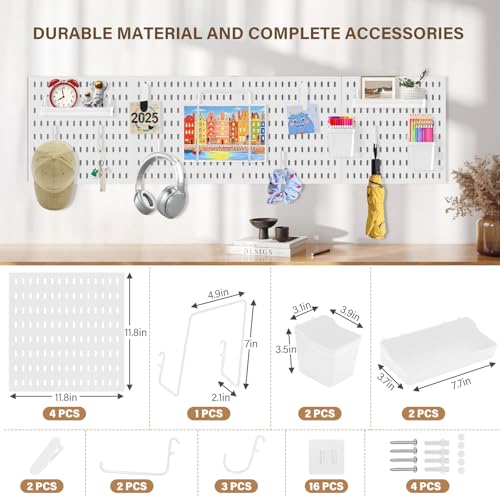 AKTOP Peg Board Wall Organizer 4-Pack – 12"x12" White Pegboard Combination Kit with 13 Accessories for Wall, Plastic Peg Board Panels for Home, Office, Garage Tool Storage & Craft Room - Image 4