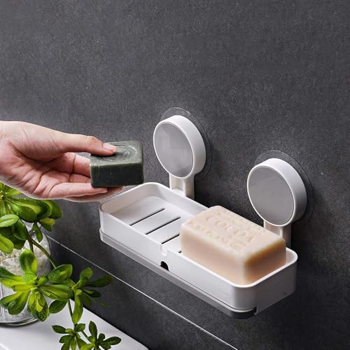 Image of 2 Pcs Twin Soap Dish Wall Mounted, BUYERZONE Double Layer Soap Holder for Bathroom, Self Adhesive Soap Stand with Drain Tray, Plastic Soap Case for Kitchen & Wash Basin Organizer (2, White)