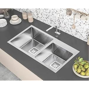 AARVIK Stainless Steel Kitchen Sink Double Bowl with Waste Coupling with Waste Pipe 37X18X10