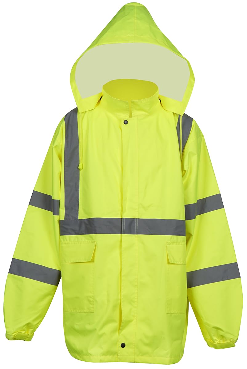 OrangeGear® High Visibility Hooded Class 3 Zipper & Button Lime Waterproof Rain Jacket & Pant Suit (US, Alpha, Medium, Regular, Regular, Lime)