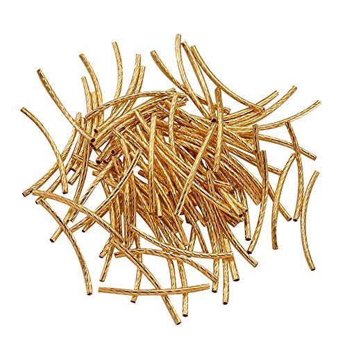 Pandahall 200pcs 35mm Brass Curved Tube Beads Spacers Golden Bar Column Noodle Lined Beads for Jewelry Makings