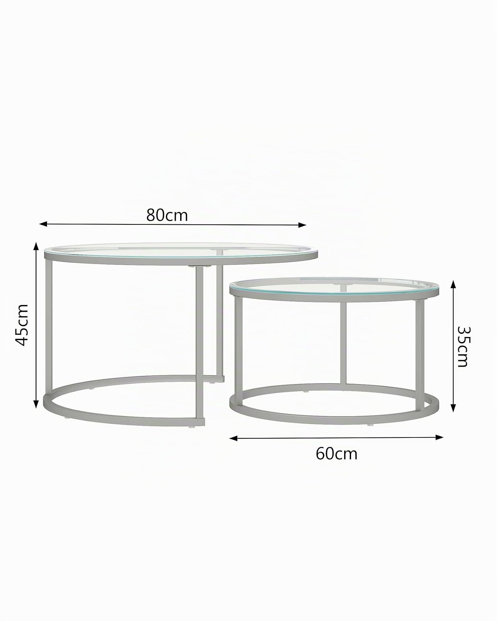 Tavolino Salotto Set di 2 Tavolini Sovrapponibili Rotondi in Vetro Temperato e Metallo Argento Tavolino da Caffè Moderno Salvaspazio Tavolo Rotondo da Balcone, 80+60cm
