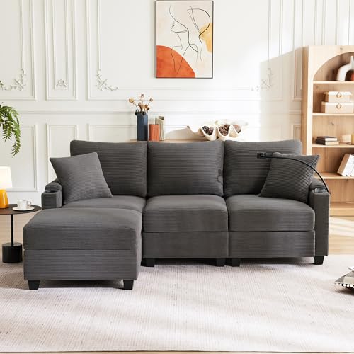 Arhatreya 3 Sitzer L-förmiges Sofa Gästesofa Modern Couch mit 2 Kissen, 3er Sitzsofa mit Getränkehalter Fußhocker und Getränkehalter, Ecksofa für Wohnzimmer, Schlafzimmer, Buros, Cordstoff, Grau – Bild 4
