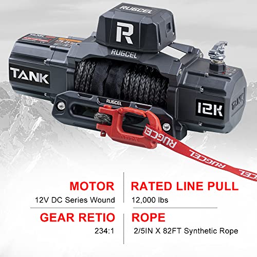 Image of RUGCEL WINCH 12000lb 12V Electric Synthetic Rope Winch | Waterproof, black synthetic rope, hawse fairlead, 2-in-1 infrared + wired remote for Truck & SUV off-road