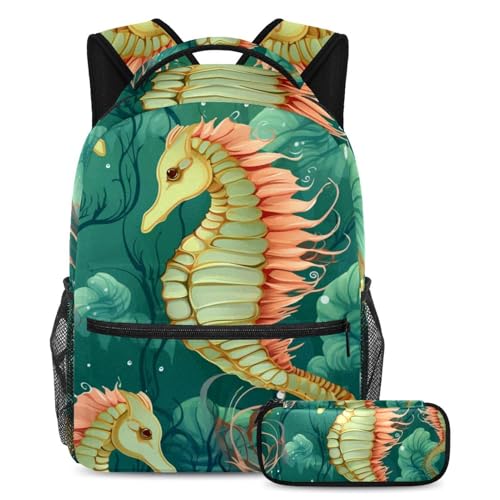 Grand sac scolaire Art Ocean Seahorse et trousse robuste pour toutes les classes