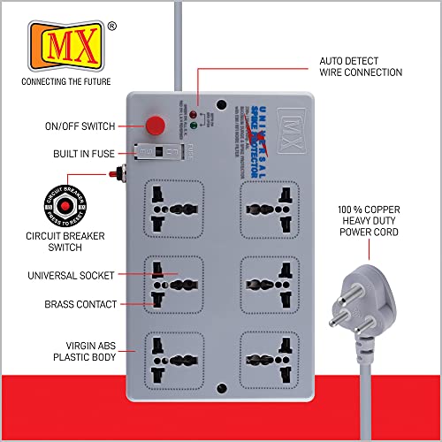 Image of MX Spike Protector Extension Board with 6 Universal Sockets 3 Meter Extension Cord 5 AMP Power Strip with Surge Protection and Master Switch for Home & Office Use