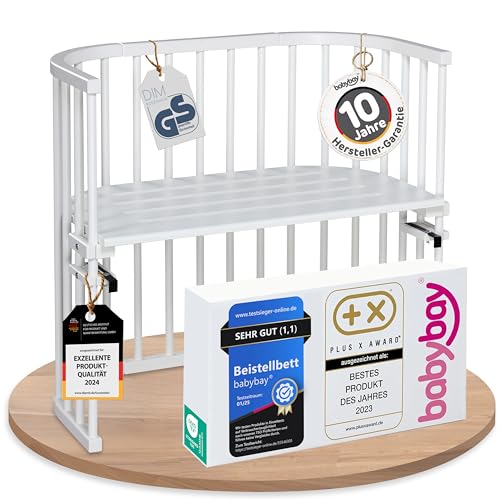 babybay Original Beistellbett aus massivem Buchenholz für Tag und Nacht I Kinderbett Höhe verstellbar & umweltfreundlich I mitwachsendes Babybett (Weiß lackiert)