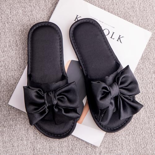 Women's Satin Open-Toe Bow Flat Slippers Memory Foam Indoor Bedroom House Shoes Non-Slip Sole Slides Wedding Home Flops(36/37 EU, Black)2