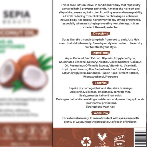 Sepia Beauty Leave In Hair Conditioner Spray - With Coconut Oil, Dry Damaged Curly Hair, Repair Split Ends - For All Hair Types 200Ml #TOP7