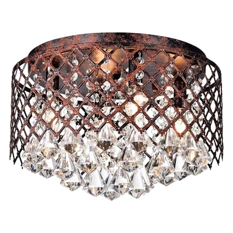 Edvivi 4-Light Crystal Flush Mount Ceiling Light, Antique Copper Finish Drum Shape Flush Mount Chandelier, Crystal Ceiling Mount Fixture for Bedroom, Hallway, Closet, Entryway Cover