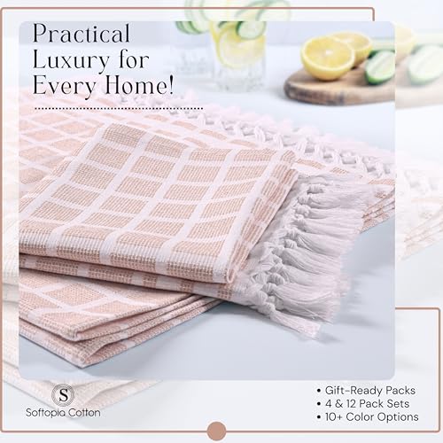 Image of Matrix Dobby Kitchen Towels Set of 12, 100% Cotton, Combo Pack, 16 inchx26 inch, Absorbent Tea Towels with Handmade Tassels, Reusable Cleaning Cloths - Beige, Forest Green, Grey