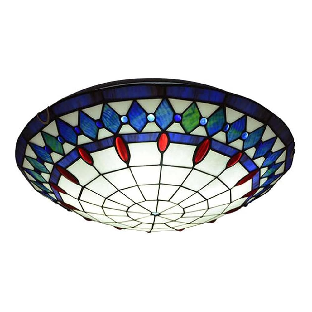 LOGT Tiffany Ceiling Light Mediterranean Handcrafted Stained Glass Lampshade Ceiling Lamp Round Indoor Flush Mount Ceiling Light for Living Room and Bedroom Tiffany Style Lighting,Blue,30CM