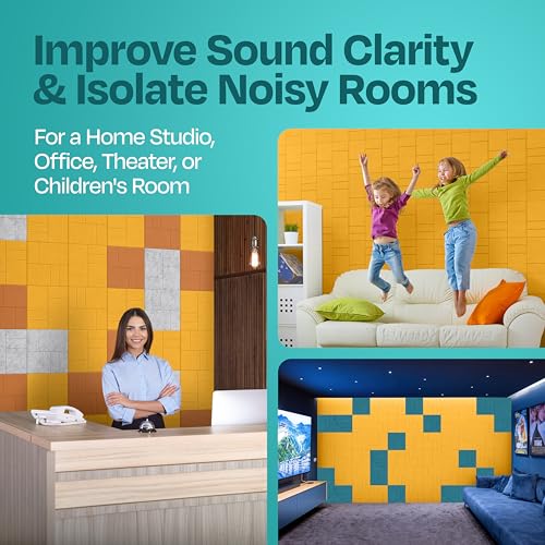 Image of Acoustic Panels 12-Pack Soundproof Wall Panels 12 inchx12 inchx0.4 inch Decorative Sound Dampening for Your Home, Office, Studio, Bedroom & More with Unique GridFrame Carving [Yellow Orange Gold]