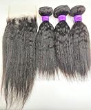 Kinky Straight 3 Bundles with 4x4 Lace Closure Free Part 100% Virgin Brazilian Human Hair Yaki Kinkycurly 10A Hair Weave Small Curly Extensions, Natural Black Color (8 8 8 + 8 inch)