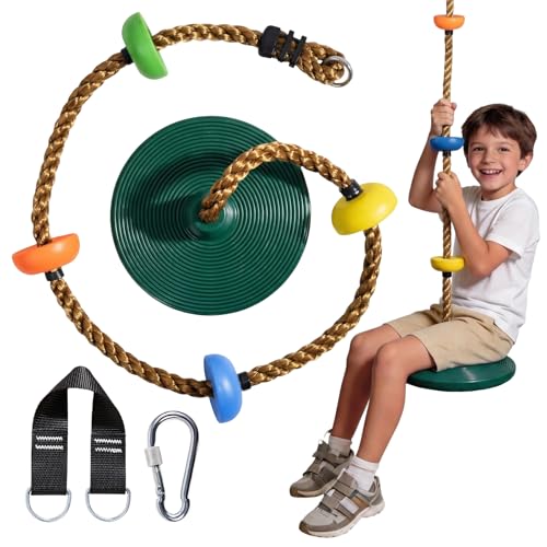 Vdealen Kletterseilschaukel Kinderschaukel für den Außenbereich mit Frisbee-Sitz geeignet für Garten und Hof Längenverstellbar farbenfrohe Ausführung 1 9 Meter lang (Grün)