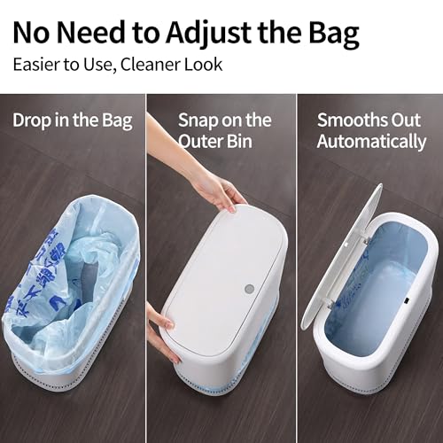 Image of Small Bathroom Trash Can with Lid, 2.3 Gallon Slim Trash Can, Narrow Garbage Can with Hidden Liner & Auto-Smooth Bag Fit, Press-to-Open Lid, White, for Bathroom, Bedroom, Office, Kitchen